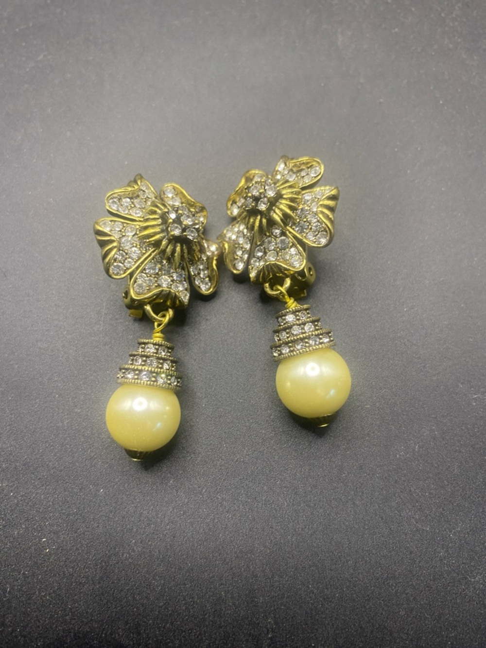 Heidi Daus Gold-Tone Crystal Floral Earrings with Cream Pearl Drops